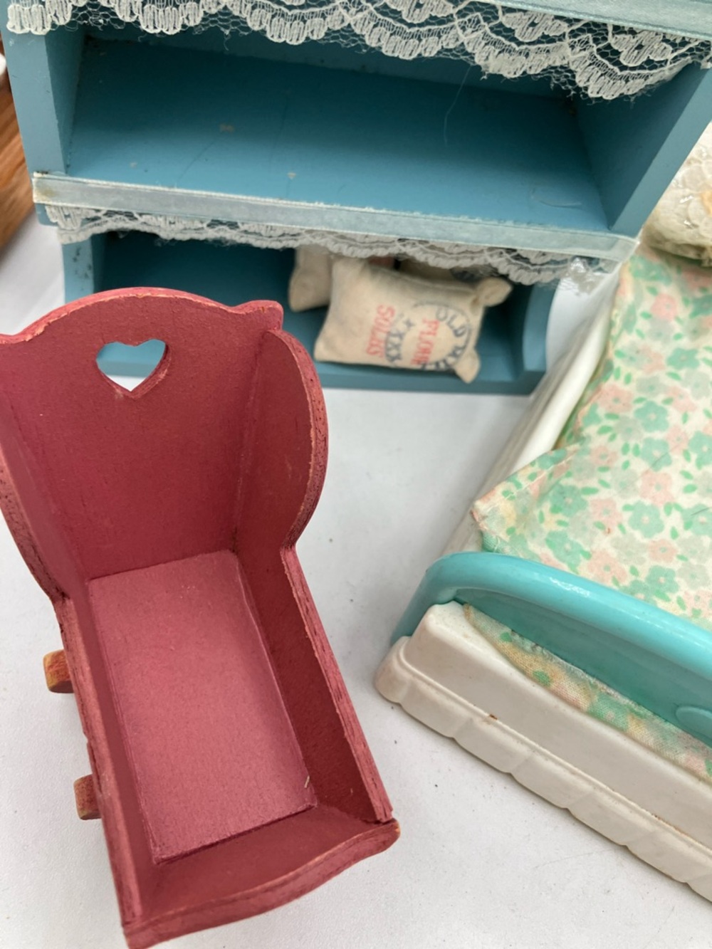 Vintage Dollhouse Bedroom Set - Blue & Pink Miniature Furniture - Picture 2 of 4